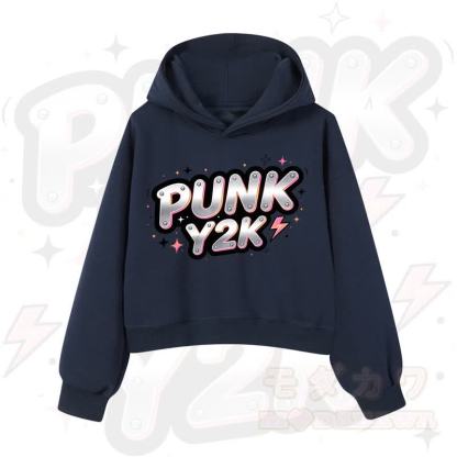 MODAKAWA PUNK Y2K Lightning Graphic Cropped Cotton Hoodie - Marineblau - 3XL - image 10