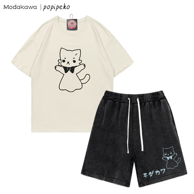 Zweiteiliges Set mit T-Shirt mit Kitty-Grafik und verwaschenen Vintage-Shorts - Beige&Black - 3XL - image 3