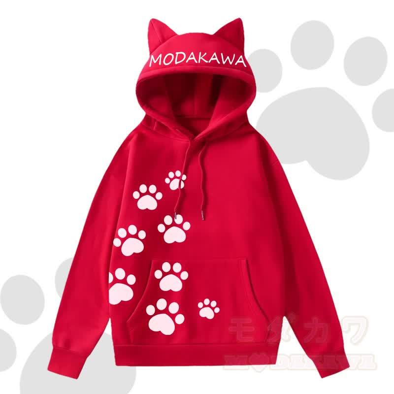 MODAKAWA Kawaii Langarm-Kapuzenpullover mit Katzenohren und Katzenpfotenabdruck - Rot B - 2XL - image 8