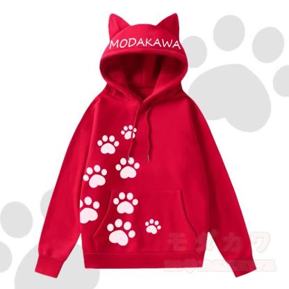 MODAKAWA Kawaii Langarm-Kapuzenpullover mit Katzenohren und Katzenpfotenabdruck - Rot B - 2XL - image 8
