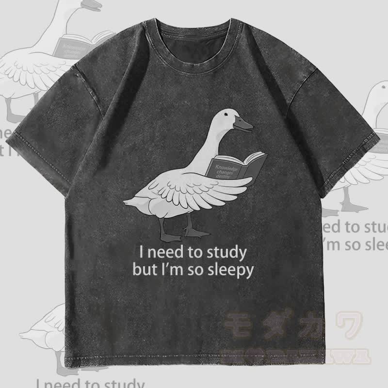 MODAKAWA ICH MUSS LERNEN, ABER ICH M SO MÜDE Gänse-Grafik Unisex Vintage Washed T-Shirt - Schwarz - 4XL - image 4