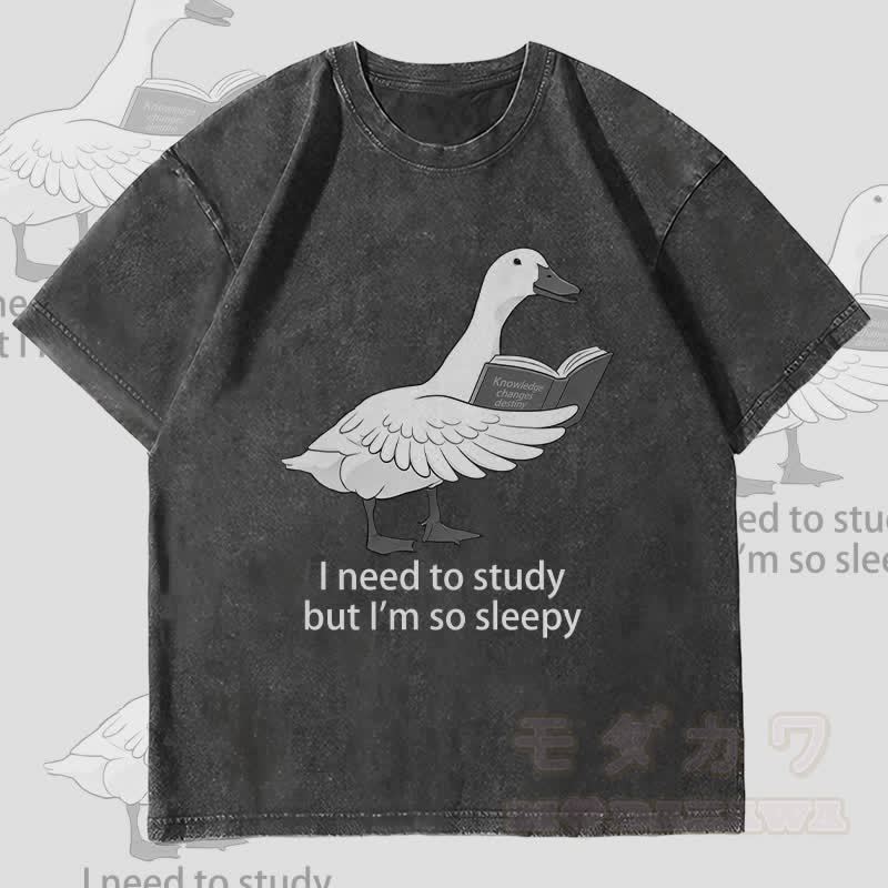 MODAKAWA ICH MUSS LERNEN, ABER ICH M SO MÜDE Gänse-Grafik Unisex Vintage Washed T-Shirt - Schwarz - 4XL - image 4