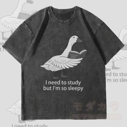 MODAKAWA ICH MUSS LERNEN, ABER ICH M SO MÜDE Gänse-Grafik Unisex Vintage Washed T-Shirt - Schwarz - 4XL - image 4