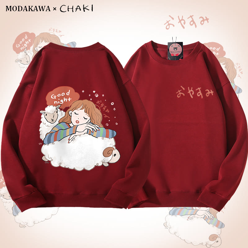 MODAKAWA X chaki Good Night Girl Sleeping On Sheep Graphic Unisex Sweatshirt - Wine Red - 5XL - image 2