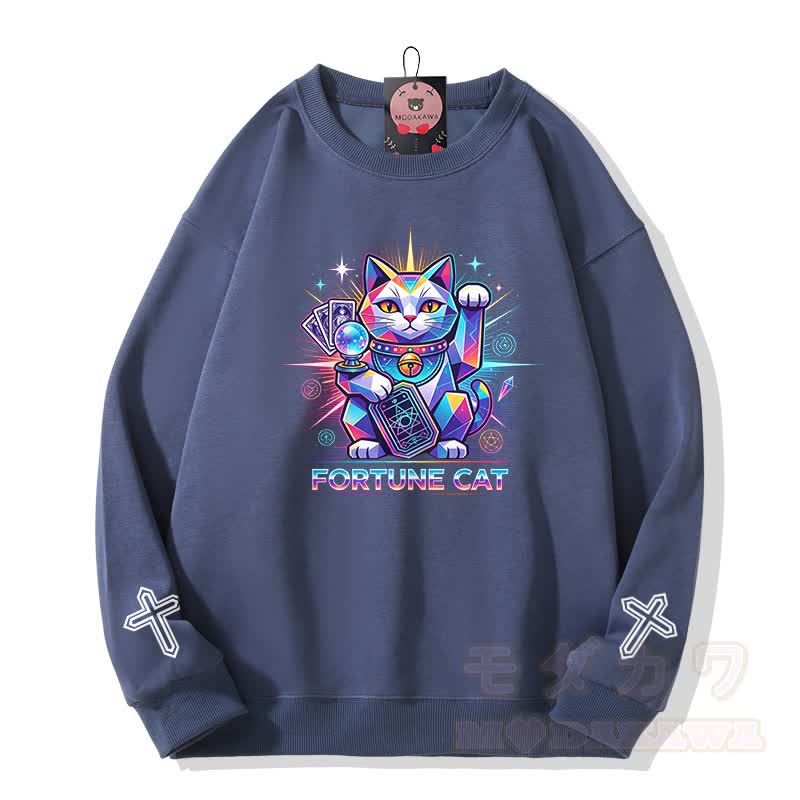 FORTUNE CAT Tarot Kreuz Grafik Modakawa Sweatshirt - Staubiges Blau - 5XL - image 4