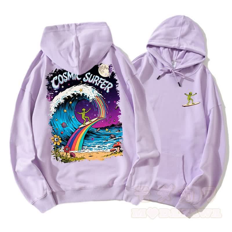 COSMIC SURFER Alien Surfing On Rainbow Wave Graphic Paar Passender Hoodie - Lila - 5XL - image 4
