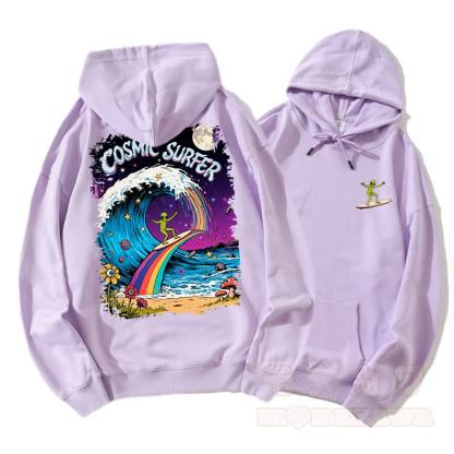 COSMIC SURFER Alien Surfing On Rainbow Wave Graphic Paar Passender Hoodie - Lila - 5XL - image 4