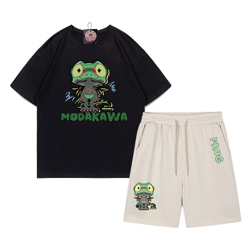 Lustiges T-Shirt mit Frosch-Grafik und dunkler Ästhetik, zweiteiliges Set - Schwarz&Aprikose - A - 5XL - image 13