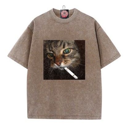 Unisex-T-Shirt mit Raucherkatzen-Motiv im Vintage-Stil - Brown - 5XL - image 6