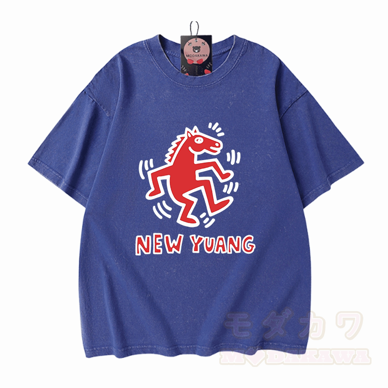 NEUES YUANG Pferde-Grafik Modakawa Unisex Vintage Washed T-Shirt - Blau - 5XL - image 6