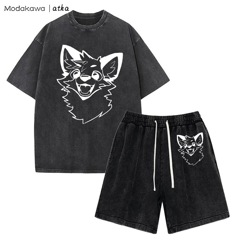 MODAKAWA X atka Fox T-Shirt Vintage Washed Shorts Zweiteiliges Set - Black - 3XL - image 9