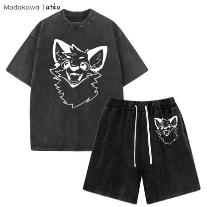 MODAKAWA X atka Fox T-Shirt Vintage Washed Shorts Zweiteiliges Set - Black - 3XL - image 9