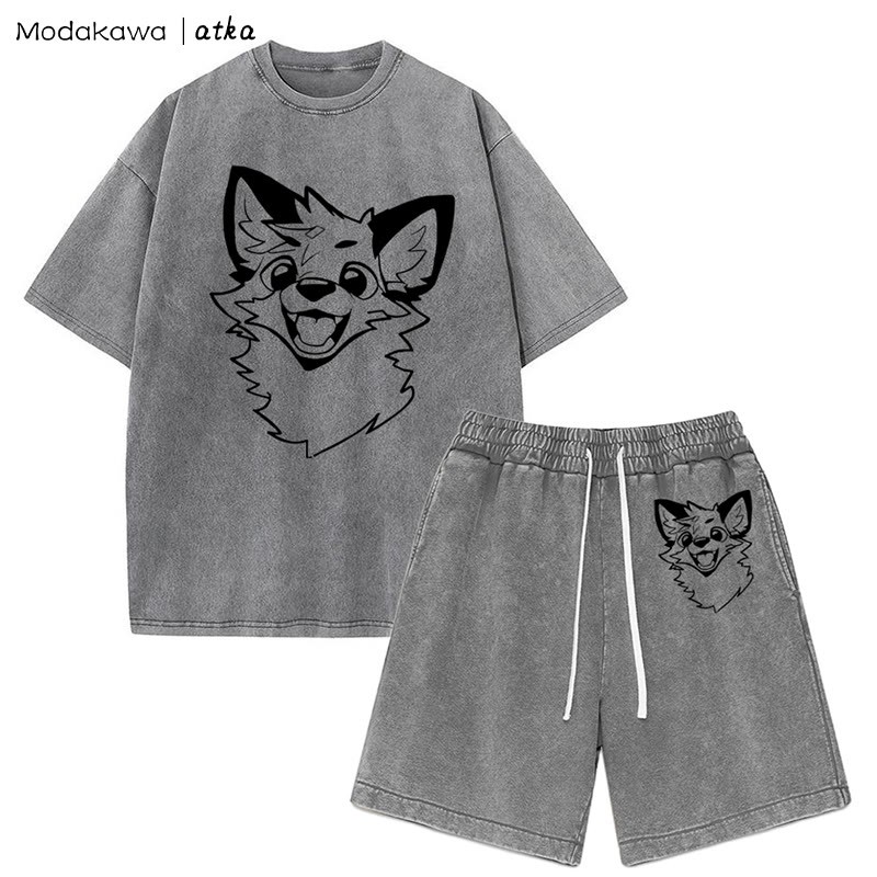 MODAKAWA X atka Fox T-Shirt Vintage Washed Shorts Zweiteiliges Set - Grey - 3XL - image 6