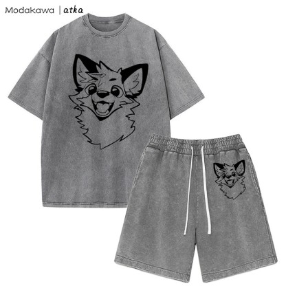 MODAKAWA X atka Fox T-Shirt Vintage Washed Shorts Zweiteiliges Set - Grey - 3XL - image 6