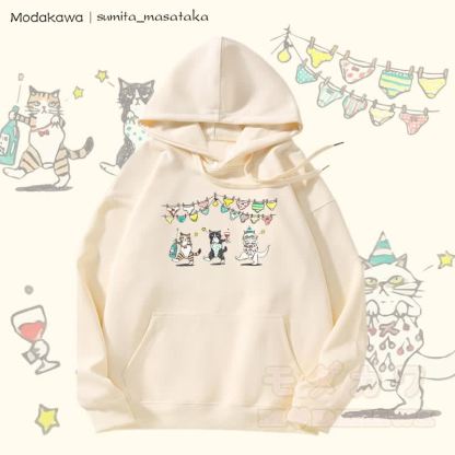 MODAKAWA X sumita_masataka Tipsy Party Cats Grafik-Hoodie mit Fleecefutter - Beige - 5XL - image 3