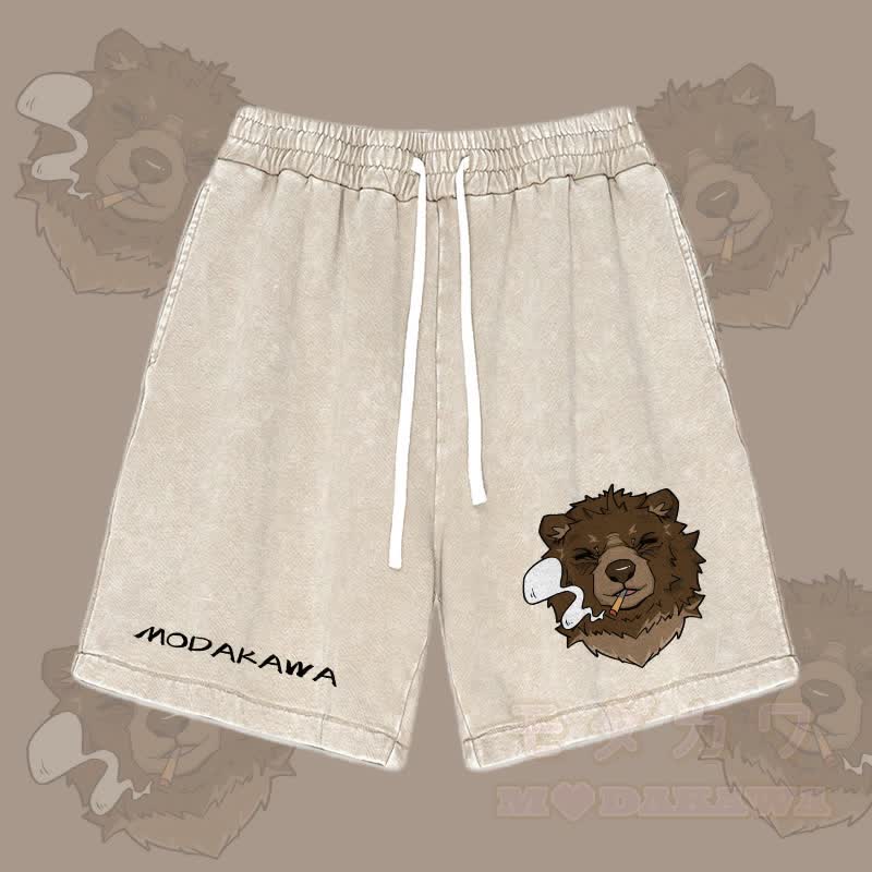 MODAKAWA Smoking Bear Graphic Vintage Washed Streetwear Shorts - Aprikose - 3XL - image 3