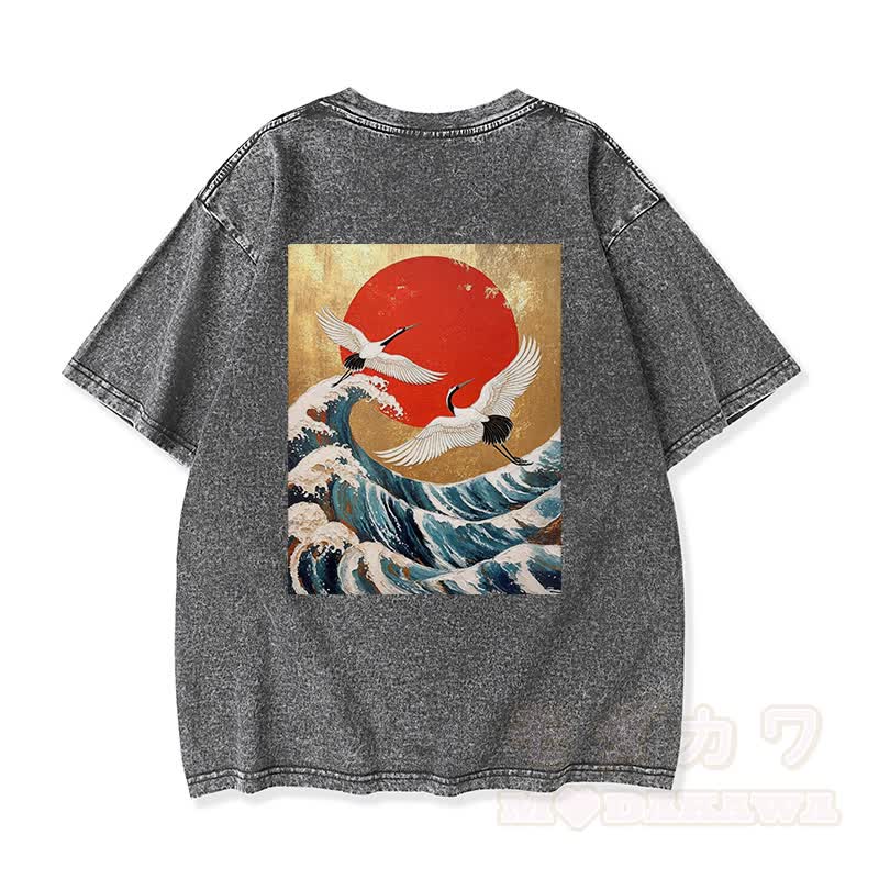 MODAKAWA Ocean Waves Grafik Vintage Washed 100% Baumwolle T-Shirt - Grau - 3XL - image 5