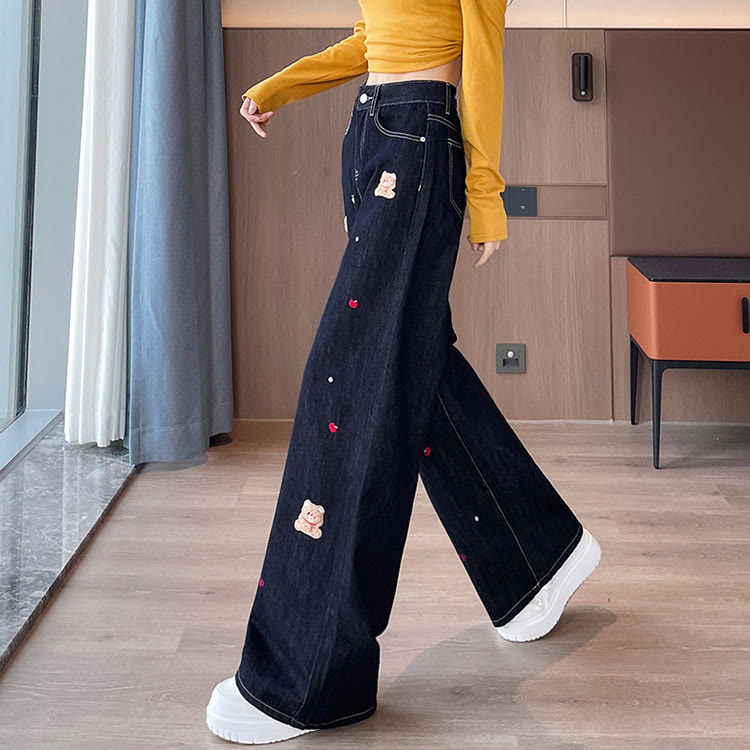 Schicke Jeans mit Cartoon-Stickerei und weitem Bein - image 6
