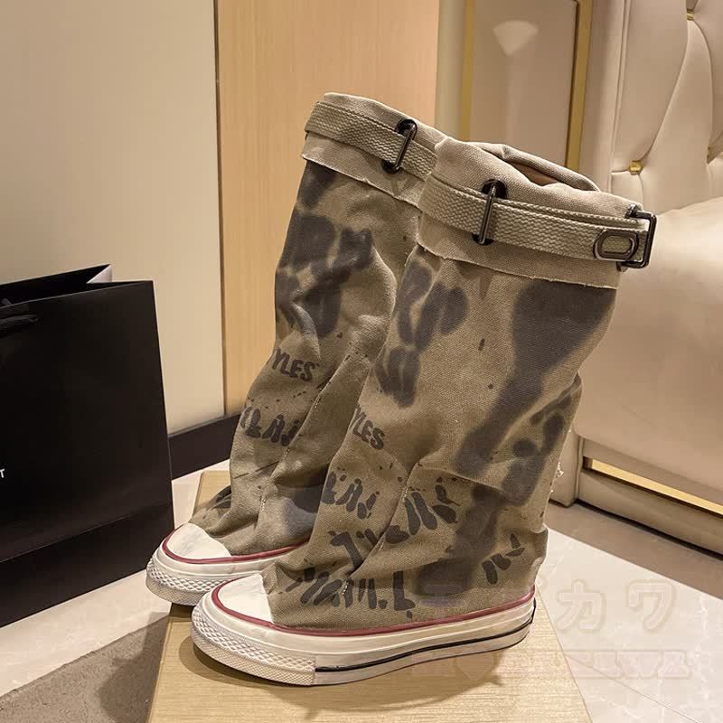 Vintage Graffiti High Top Canvas Plated Mid Calf Boots - Khaki - 40 - image 10