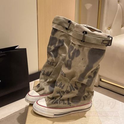 Vintage Graffiti High Top Canvas Plated Mid Calf Boots - Khaki - 40 - image 10