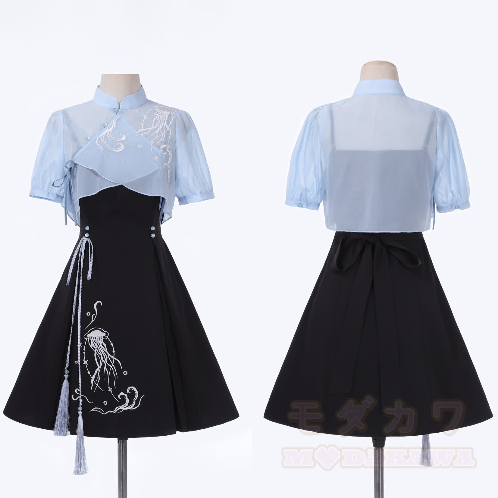 Transparentes Oberteil mit Stehkragen, besticktes Unterkleid mit Quallenmotiv, passendes Outfit - image 7