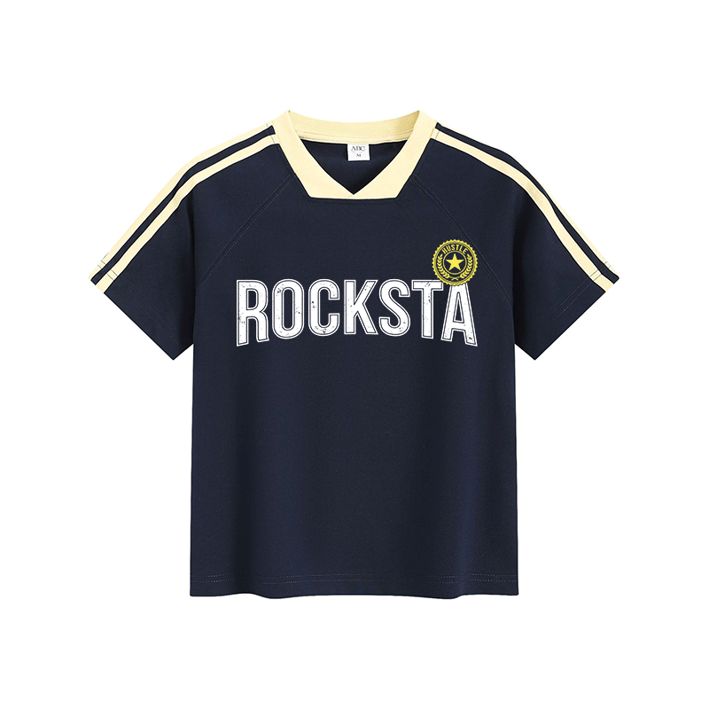 ROCKSTA Graphic Modakawa Vintage Stripe V-Neck T-Shirt - Purplish Blue - L - image 3