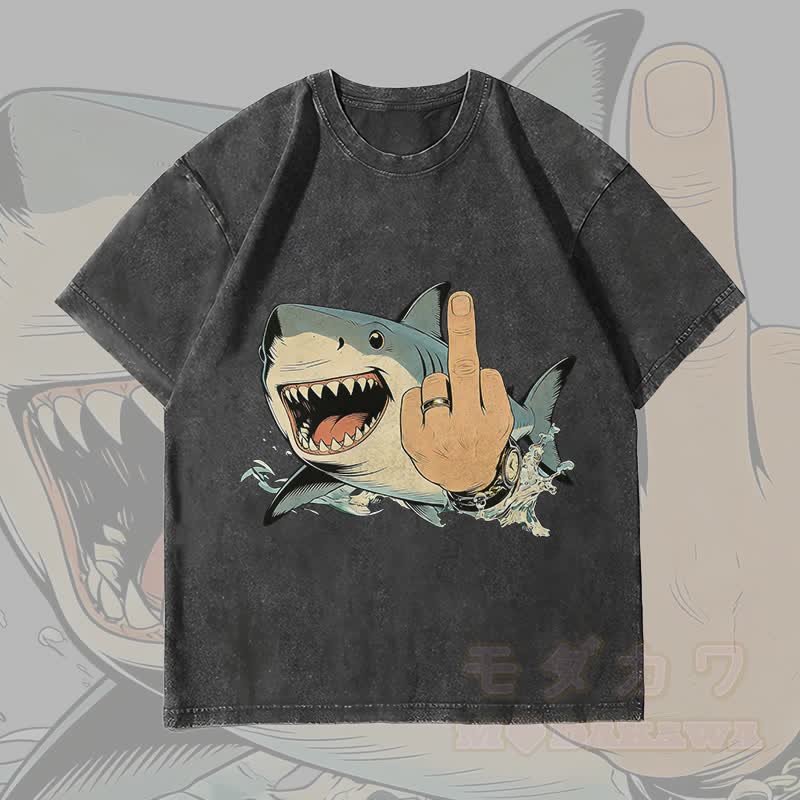 MODAKAWA Crazy Shark Grafik Unisex Vintage Washed T-Shirt - Schwarz - 4XL - image 3