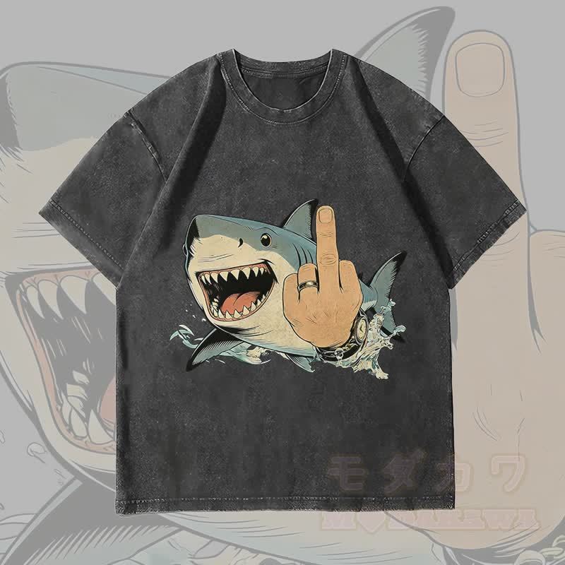 MODAKAWA Crazy Shark Grafik Unisex Vintage Washed T-Shirt - Schwarz - 4XL - image 3