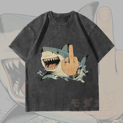 MODAKAWA Crazy Shark Grafik Unisex Vintage Washed T-Shirt - Schwarz - 4XL - image 3