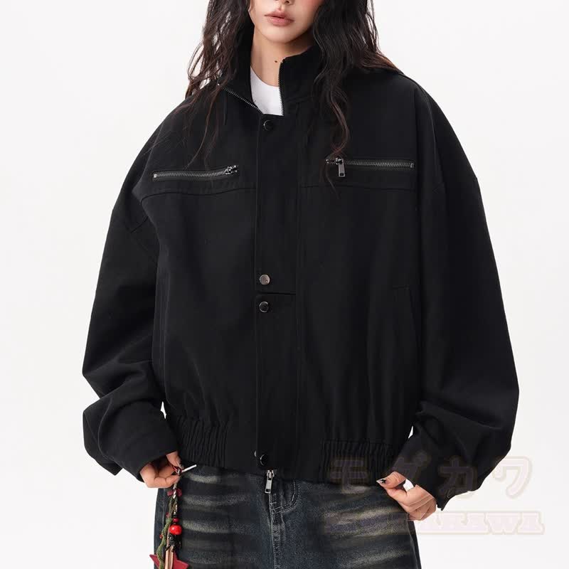 Vintage-Jacke mit Stehkragen und Reißverschluss, Patchwork-Jeans mit offener Kante, zweiteiliges Set - image 7