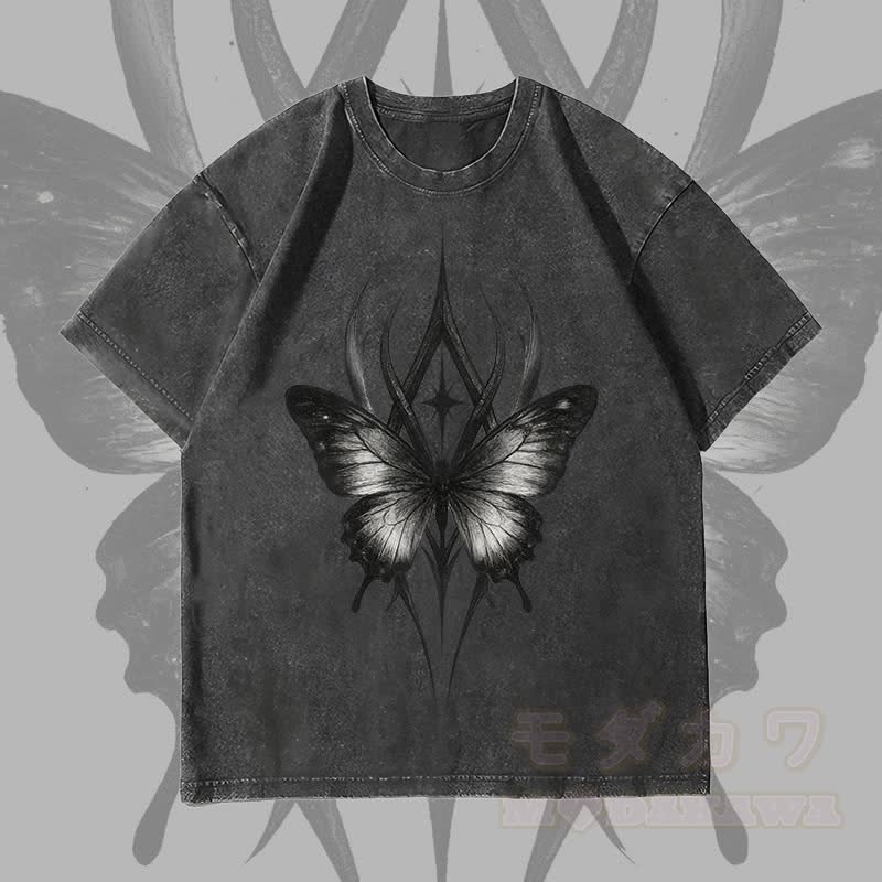 MODAKAWA Gothic Butterfly Graphic Unisex Vintage Washed T-Shirt - Schwarz - 4XL - image 4