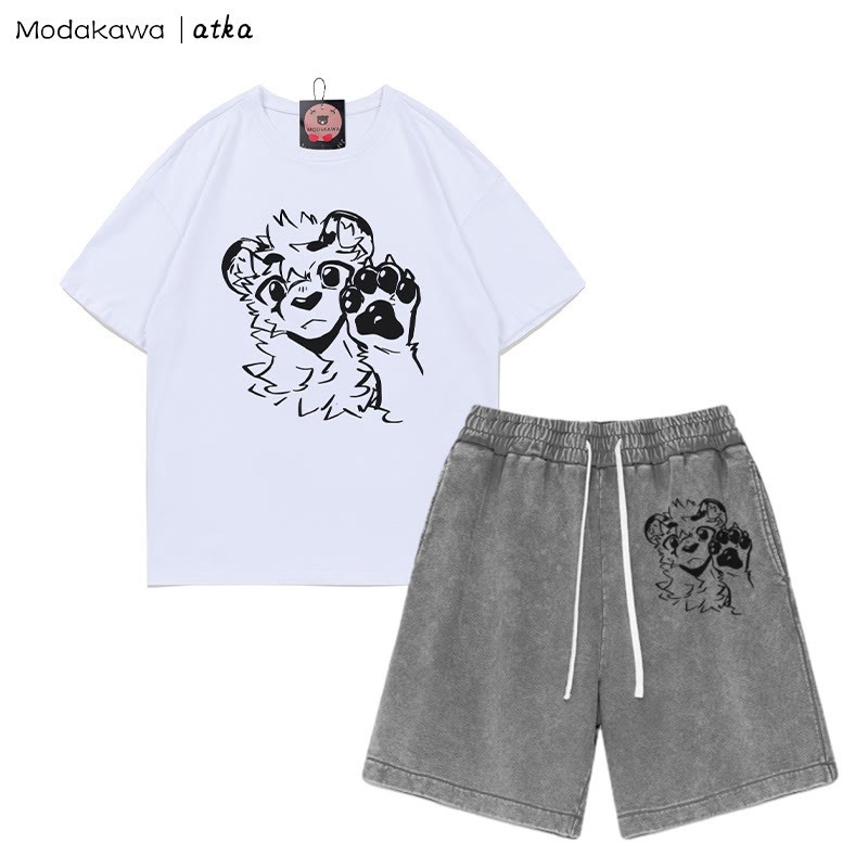 T-Shirt mit Tigerpfoten-Wellengrafik und verwaschenen Vintage-Shorts, zweiteiliges Set - White&Grey - 3XL - image 6