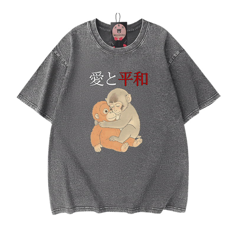 Peace Love Hugging PUNCH Monkey Graphic Modakawa Vintage Washed 100% Cotton T-Shirt - Grey - 5XL - image 9