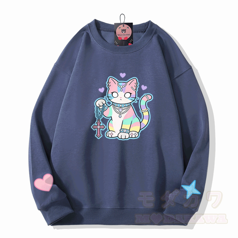 Modakawa Sweatshirt mit Astrologie-Katzenmotiv - Staubiges Blau - 5XL - image 6