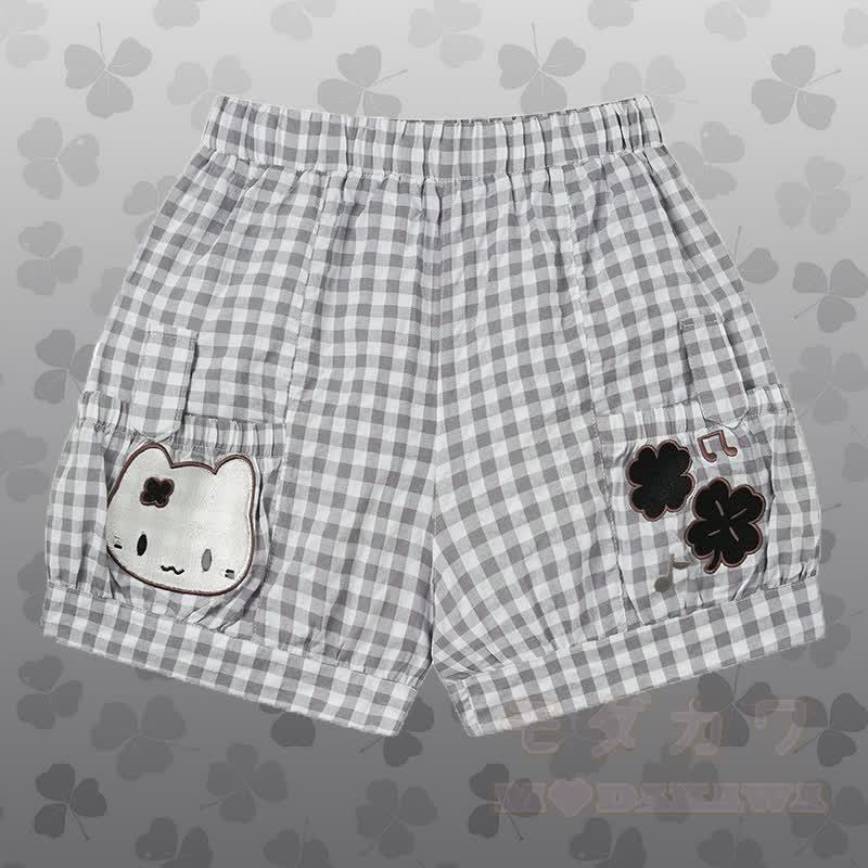 Polka Dot Cat Graphic Top Kitty Gingham Shorts Modakawa Matching Outfit - Graue Shorts - L - image 9