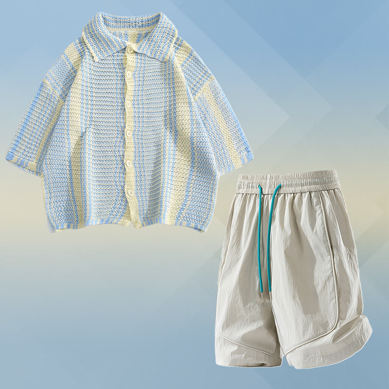 Gestreiftes Strickpoloshirt, schnelltrocknende Shorts mit Kordelzug, passendes Modakawa-Outfit - Two Pieces Set E - 2XL - image 5