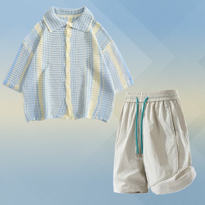 Gestreiftes Strickpoloshirt, schnelltrocknende Shorts mit Kordelzug, passendes Modakawa-Outfit - Two Pieces Set E - 2XL - image 5