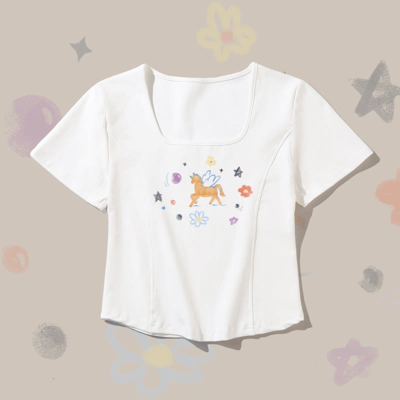 Modakawa T-Shirt mit geflügeltem Einhorn-Motiv und quadratischem Halsausschnitt - White - 2XL - image 2