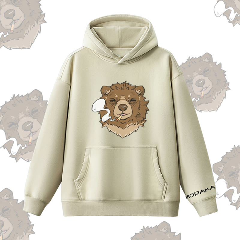 MODAKAWA Smoking Bear Graphic Vintage Washed Fleece Lined Hoodie - Beige - 2XL - image 5