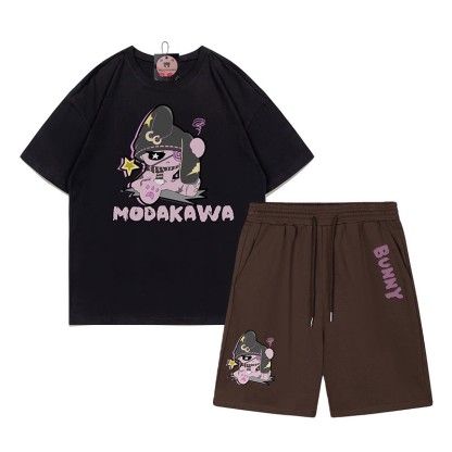 Unhappy Bunny Grafik Dunkle Ästhetik T-Shirt Shorts Zweiteiliges Set - Schwarz&Braun - A - 5XL - image 13