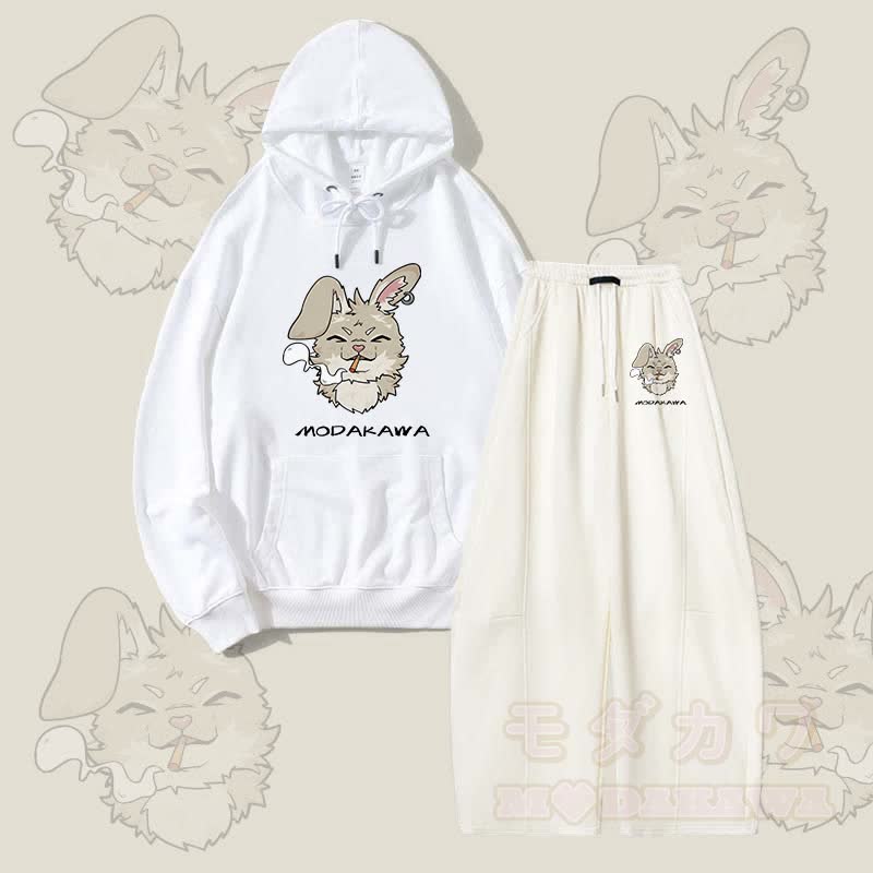 MODAKAWA Smoking Bunny Grafik-Hoodie und weite Hose Zweiteiliges Set - Weiß - 5XL - image 4