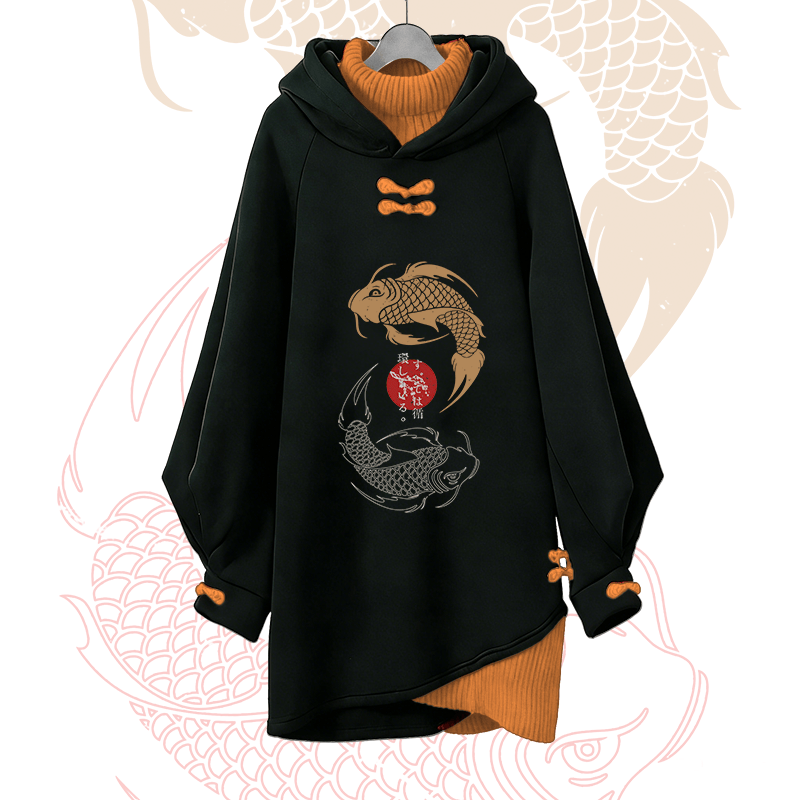 Koi-Grafik Modakawa Schnalle Vintage Kapuzenpullover Kleid - Orange - 3XL - image 3