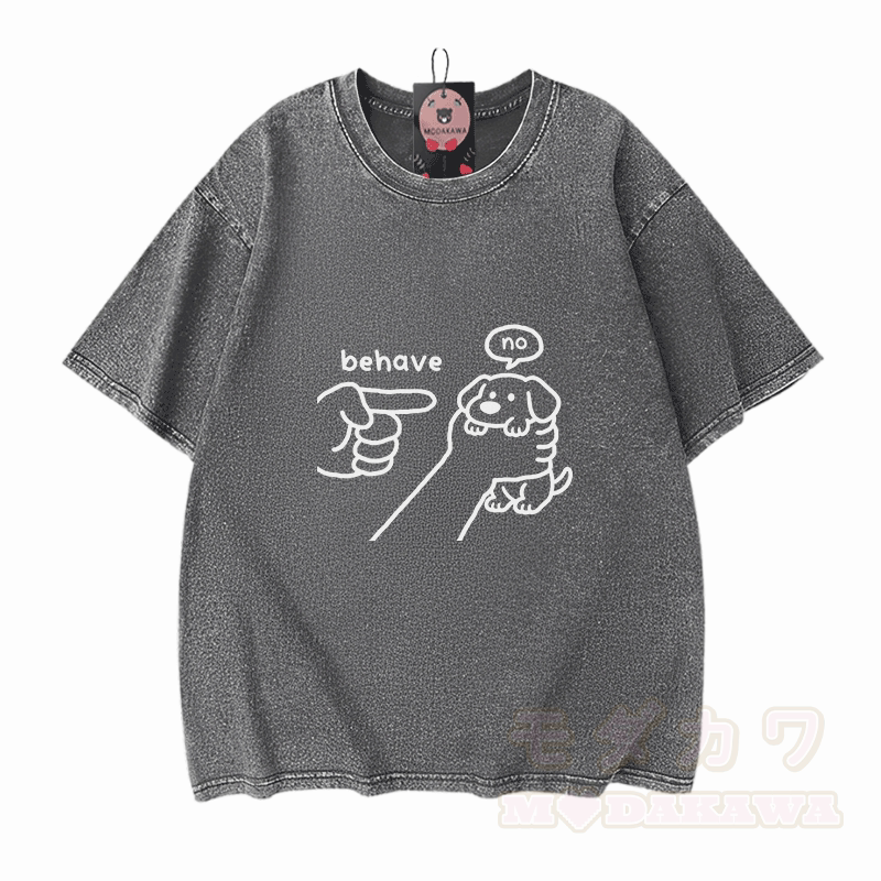 BEHAVE NO Puppy Graphic Modakawa Vintage Washed 100% Cotton T-Shirt - Grau - 5XL - image 9