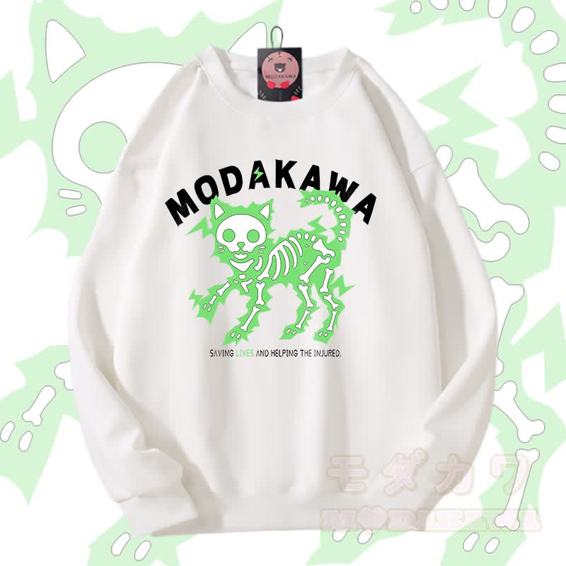 MODAKAWA Unisex-Sweatshirt mit elektrisiertem Skelettkatzen-Motiv - Weiß B - 5XL - image 6