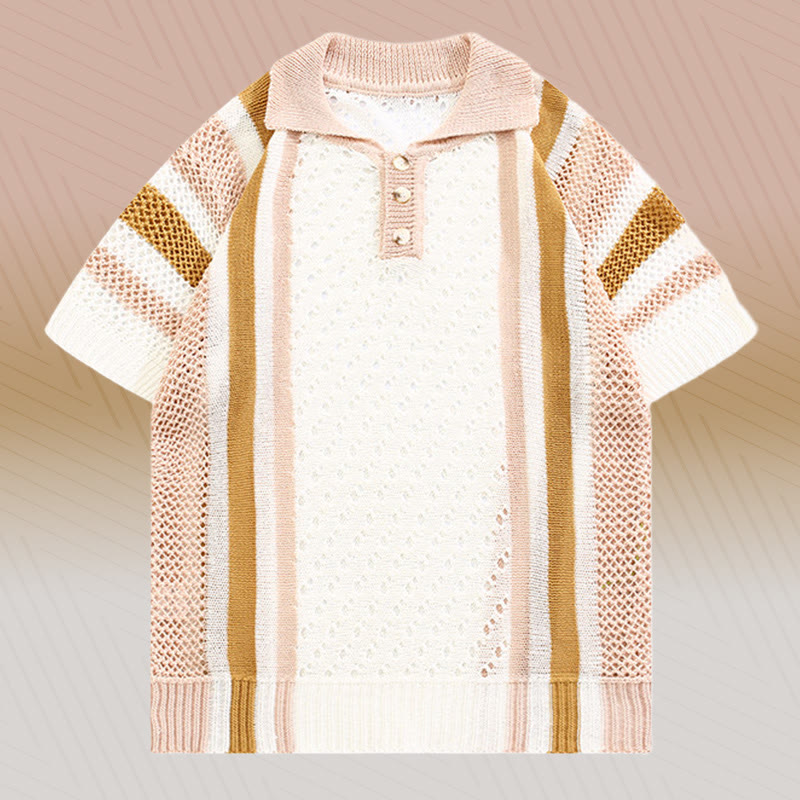 Gestreiftes Poloshirt aus offenem Strick, strukturierte Shorts mit Kordelzug, passendes Outfit von Modakawa - Pink Shirt (Single) - 3XL - image 7