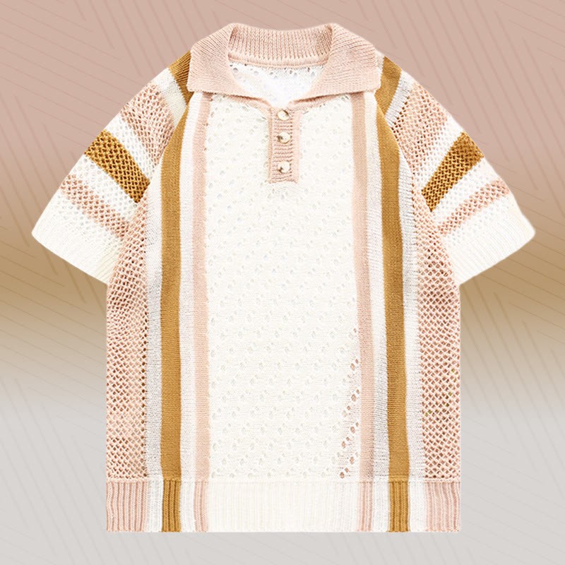 Gestreiftes Poloshirt aus offenem Strick, strukturierte Shorts mit Kordelzug, passendes Outfit von Modakawa - Pink Shirt (Single) - 3XL - image 7