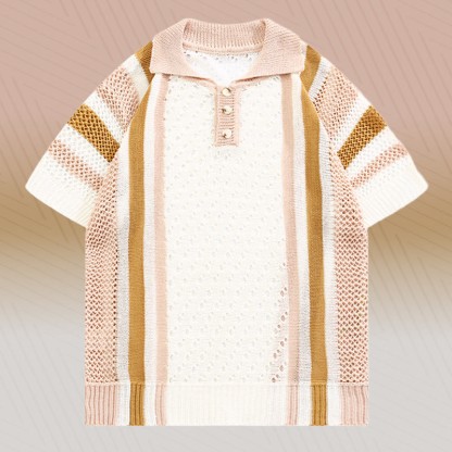 Gestreiftes Poloshirt aus offenem Strick, strukturierte Shorts mit Kordelzug, passendes Outfit von Modakawa - Pink Shirt (Single) - 3XL - image 7