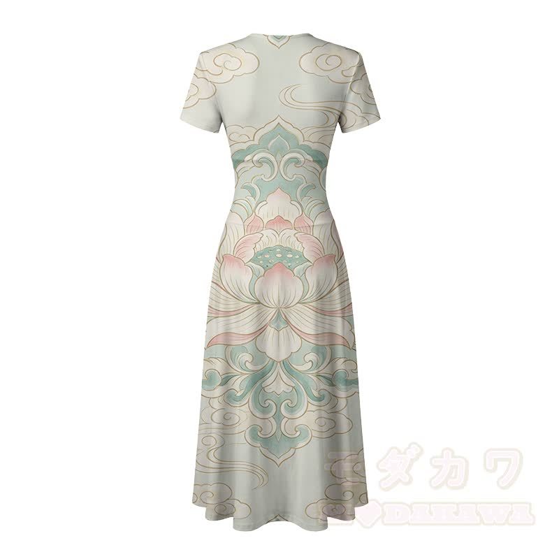 Lotus Cloud Graphic Modakawa V-Ausschnitt Maxikleid - image 4