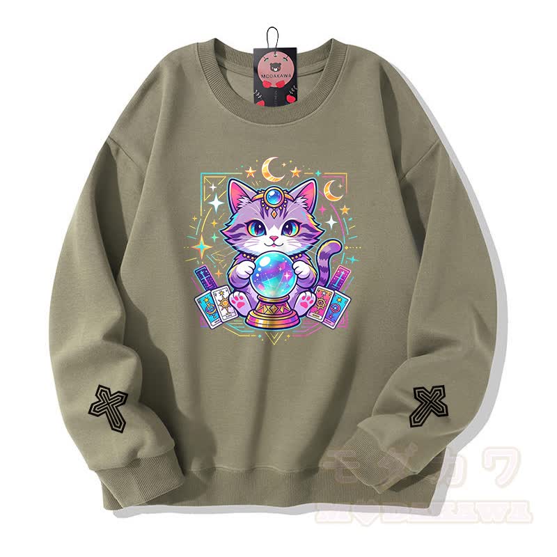 Tarot-Katze-Kristallkugel-Kreuz-Grafik Modakawa Sweatshirt - Hellkhaki - 5XL - image 6