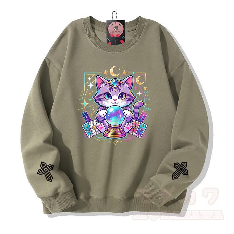 Tarot-Katze-Kristallkugel-Kreuz-Grafik Modakawa Sweatshirt - Hellkhaki - 5XL - image 6